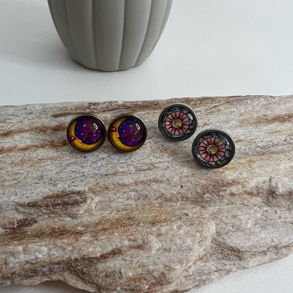 Classic Celestial Stud Earring Set - Moon and Sun Stud Earring Set - Boho Studs - Picture 6 of 12